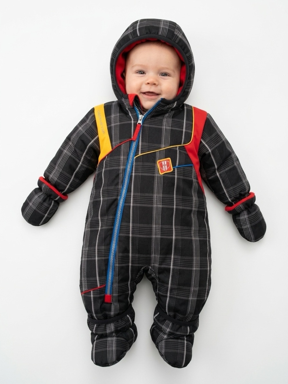 Obermeyer Hooded Bunting Snowsuit Asymmetrical Zip Plaid Black 0-6M